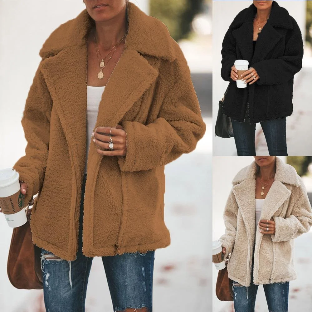 

Women's Plush Coat with Zipper Pocket Long Sve Top Warm Mid-Length Winter Outerwear Stylish European Style Fashionable Coat