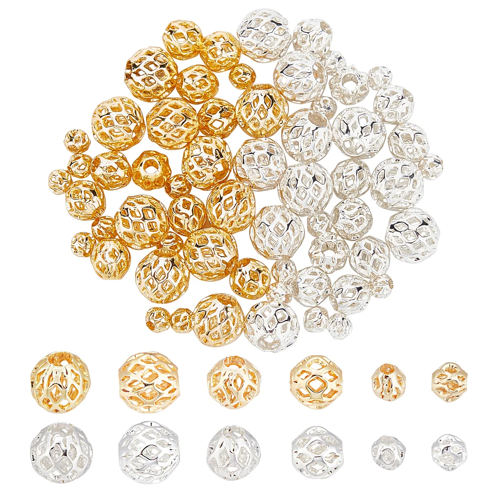 

1 коробка, 3 размера, полые бусины, 60 шт., круглые филигранные бусины, латунные металлические бусины-разделители для поделок, браслетов, ожерелий