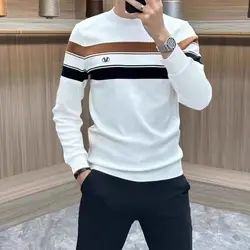 Now High Street Comfortable Casual T-Shirts Business Fashion All-match Round Neck Contrast Color Striped Men Loose Thermal Tops