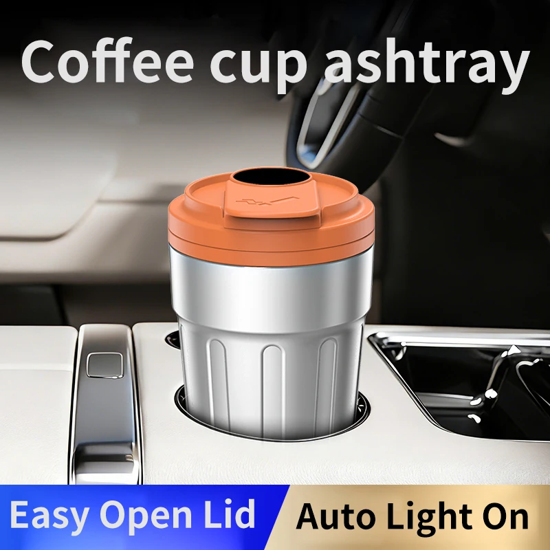 Creative coffee cup, car ashtray with light, metal inner liner, car ashtray, anti ash, interior supplies for flying cars