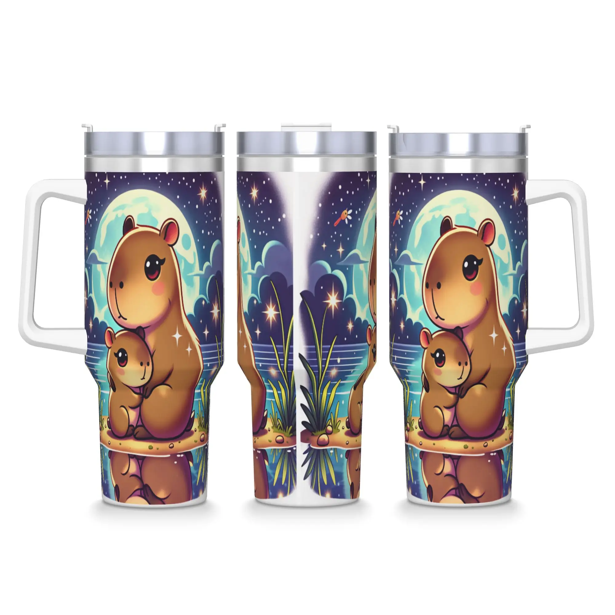 Stainless Steel Tumbler Mom And Baby Capybara Hug Night Full Moon Lake Reflection Star Cartoon Car Mugs With Straws Bottle