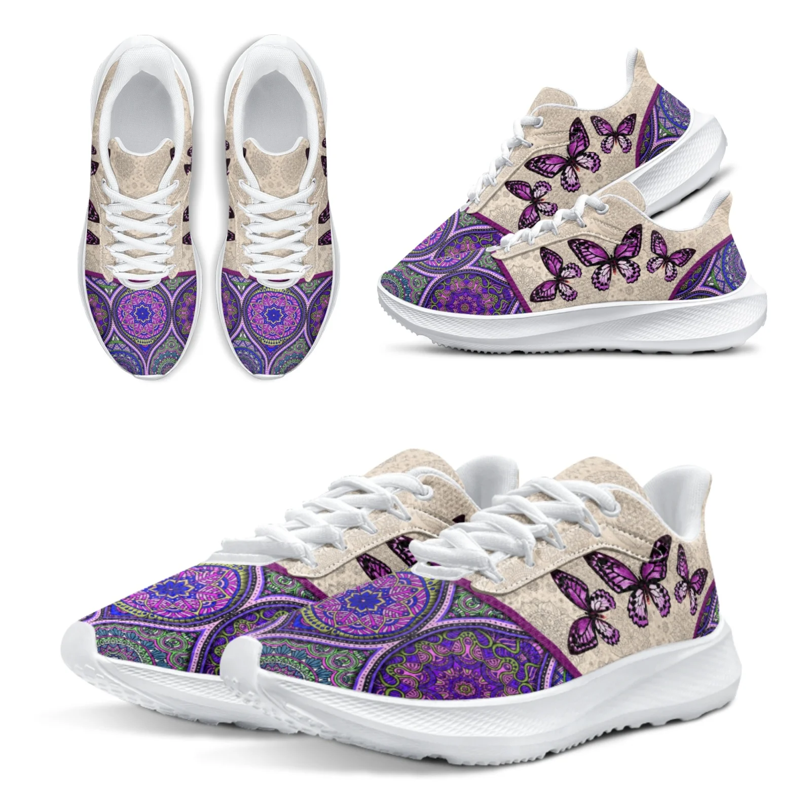 INSTANTARTS Brand Running Shoes For Women Bohemian Purple Butterfly Print Sneakers Butterfly Girl Tennis Shoes Walking Shoes