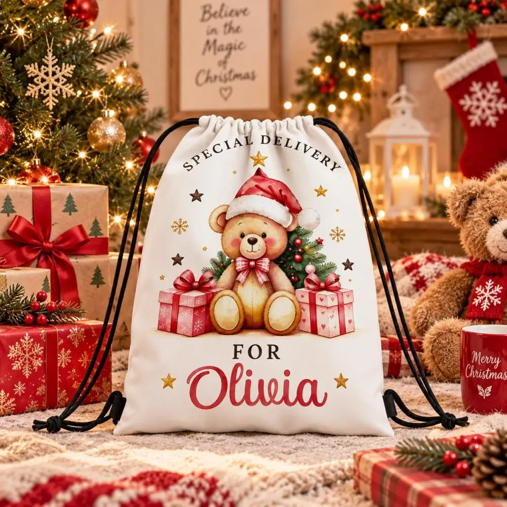 1Pc Christmas Theme Custom Text/Name Drawstring Backpack, Bear Pattern Drawstring Closure Design Christmas Gift Storage Pouch