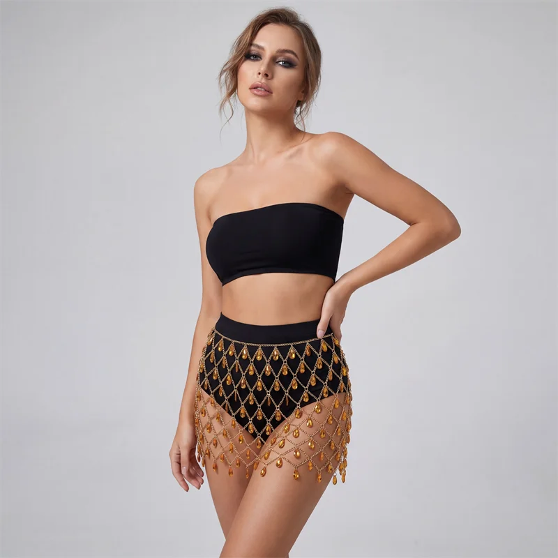 Damen Strass Netz Bauchtanz Minirock Gold Tränenketten-Hüfttuch Hochgeschnittener Festival Rave Party Clubwear Outfit – Detail 4