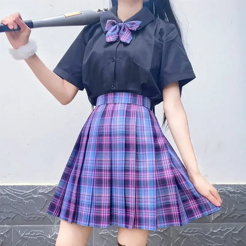 Conjunto de duas peças de uniforme japonês jk, camisas brancas de manga comprida + mini saia xadrez estilo preppy saias de cintura alta conjunto de 2 peças