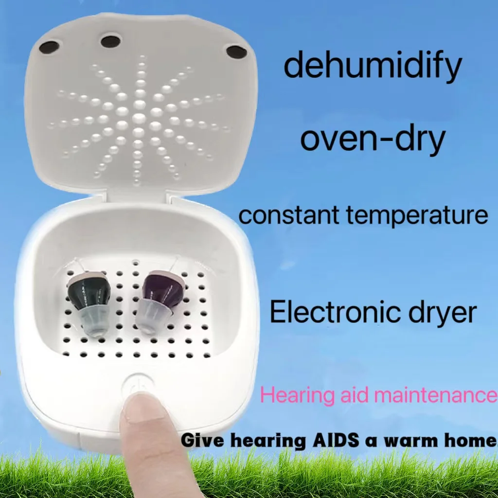 

Special electronic dryer for hearing aids, used for dehumidification, care, and maintenance of hearing aids to extend their life