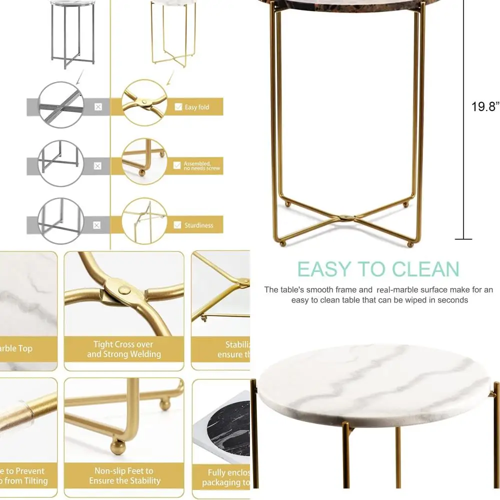

Gold Round End Table with Marble Top, Modern Lightweight Design for Small Spaces, Ideal for Living Room and Bedroom.