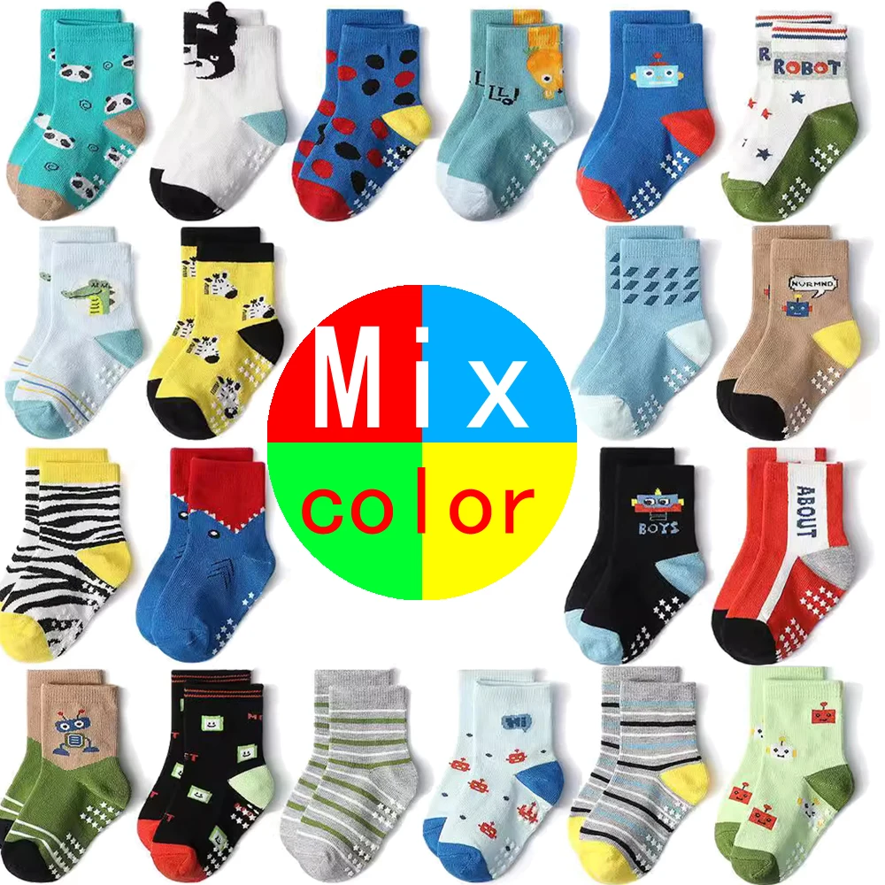 1/6/12 Paar Set Kinder-Bodensocken für Babys und Jungen aus Baumwolle, Rutschfest mit Niedlichem Cartoon-Muster, Atmungsaktive Baby-Trampolin-Socken