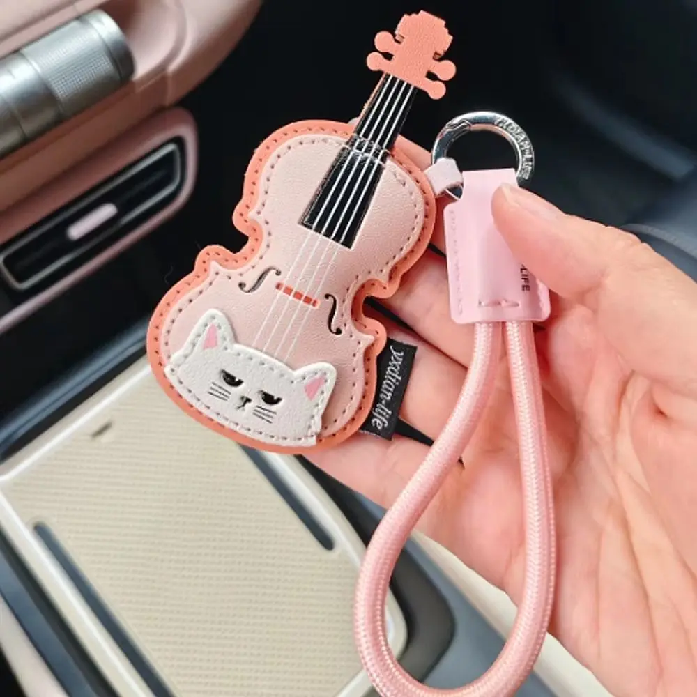 PU Leather Leather Keychain Black Cat Piano Shape Musical Instrument Keychain Guitar Shape With Lanyard Guitar Keyring - view 5
