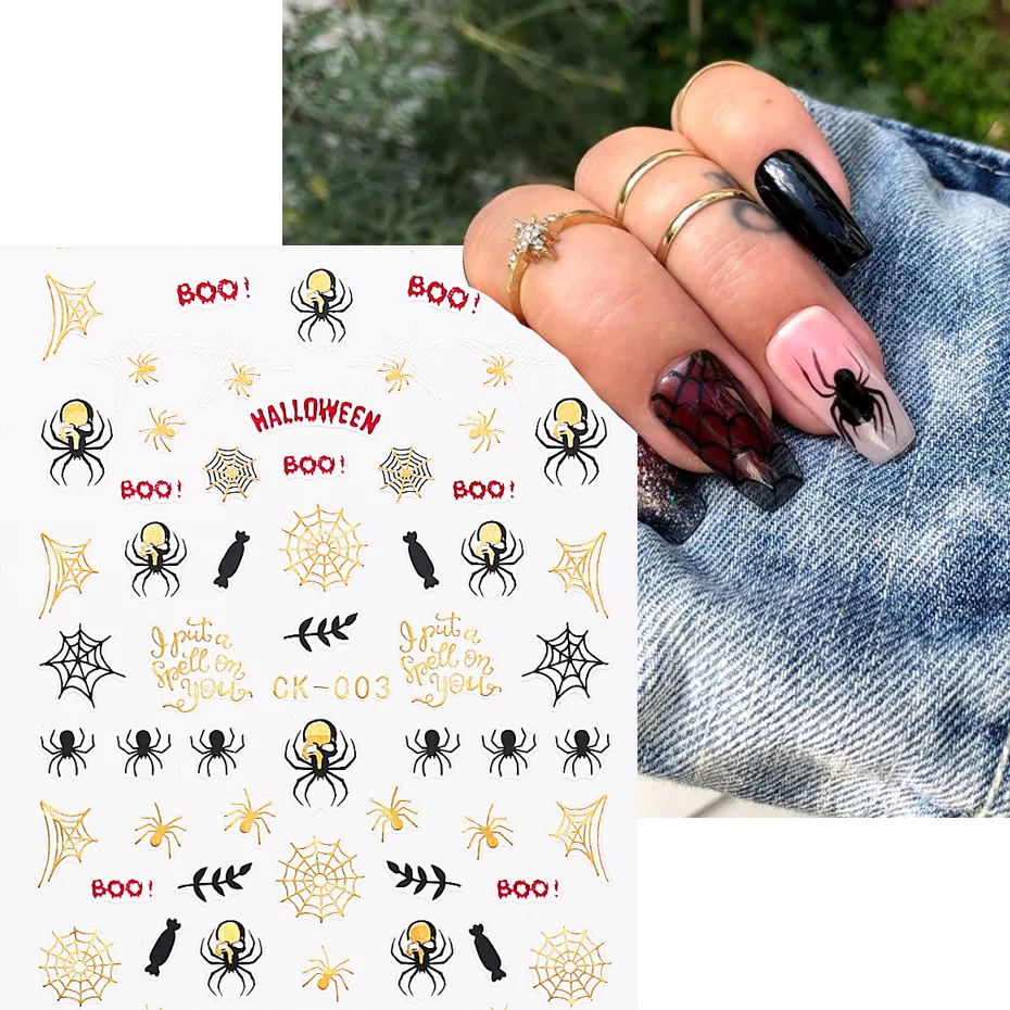 Spider 3D Nail Stickers Golden Spider Black Candy Design Halloween Dark Series Style Stick-On Nails Manicure Decal #LECK-003