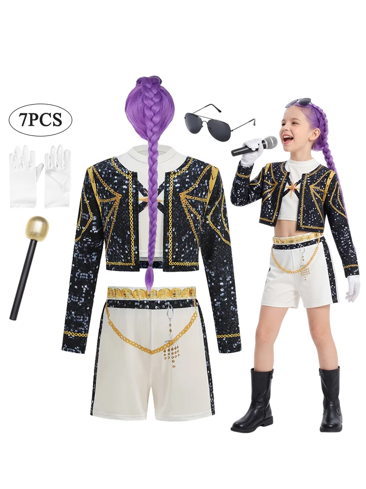 Neues 3-teiliges Halloween-Kostüm-Set für Mädchen: Oberteil, Jacke, Rock, Shorts, Tanz-Rollenspiel, Sänger-Show-Outfit, Bühnenkostüm