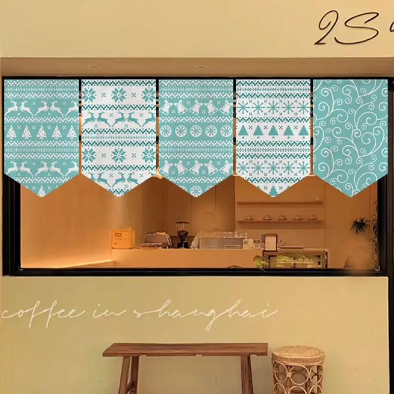 VIKAMA Blue White Christmas Knit Triangular Curtain Reindeer Tree Snowflake Bell Nordic Holiday Kitchen Window Valance Decor