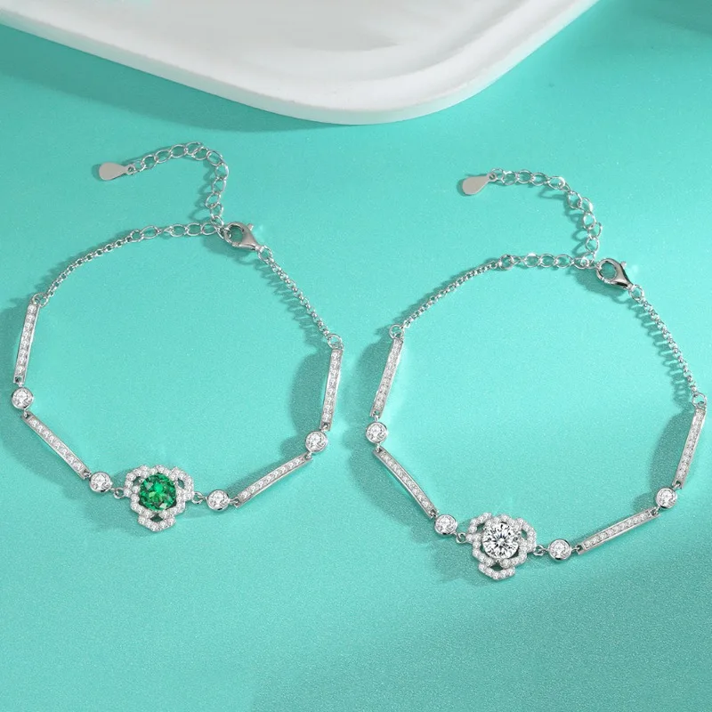 1ct D / Green VVS1 Moissanite Rose Flower Charm Bracelet 925 Sterling Silver Plated White Gold Women Jewelry Pass Diamond Tester