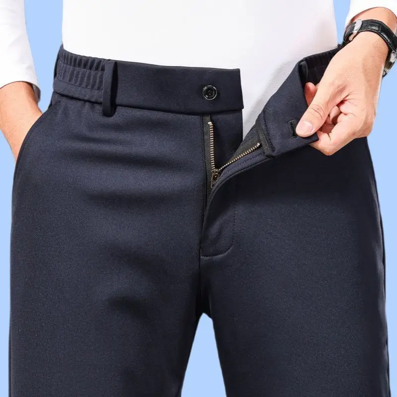 Winter Thicken Solid Elastic Waist Casual Pants Office Business Fashion Formal Men High Waist Anti-Wrinkle Straight Trousers