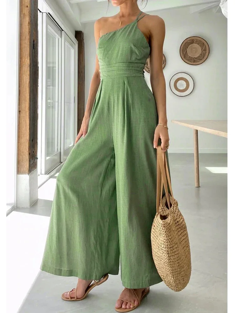 

Foridol Waist Folds Backless Double Strap Casual Wide Leg Jumpsuit Long Pants Green 2024 New Female Loose Jumpsuit