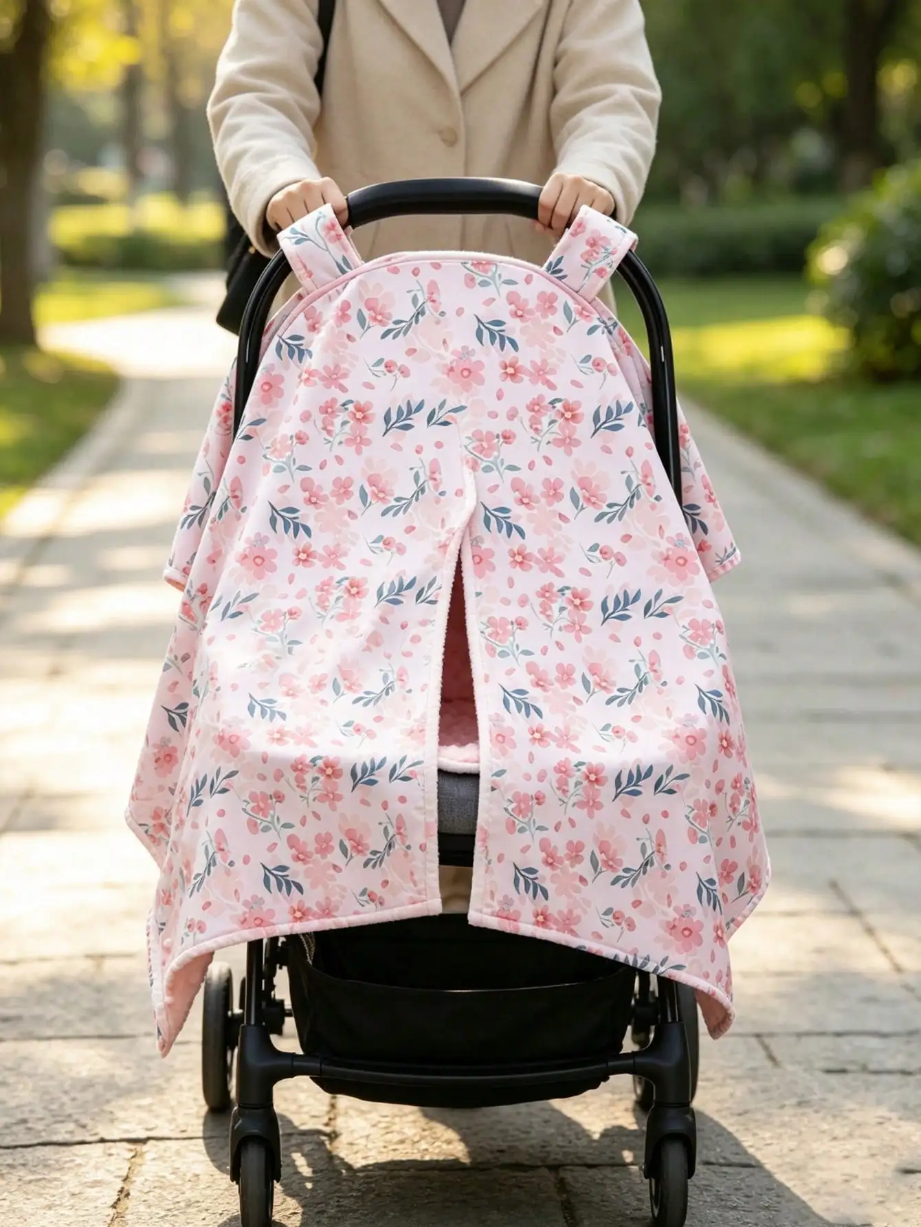 Pink Floral Print Infant Car Seat Cover - Multifunctional Nursing Cover / Sunshade