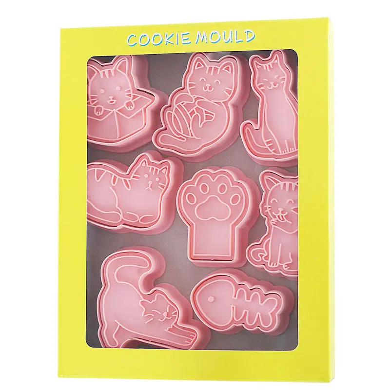 8Pcs/set Cat Cookie Cutters Plastic 3D Cartoon Pressable Biscuit Mold Cookie Stamp Kitchen Baking Pastry Bakeware Tool