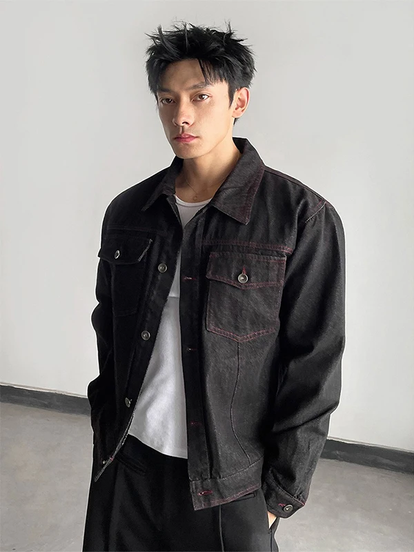 

Ретро джинсовая куртка с отложным воротником для мужчин, новая весенняя модель в американском винтажном стиле, черно-красная, контрастная, рабочая одежда, молодежная мода