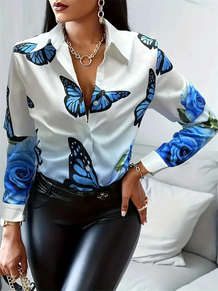 Autumn New Women's Shirts Elegant Ladies Fashion Printing Loose Long-sleeved Butterfly Pattern Casual Models Women's Shirts