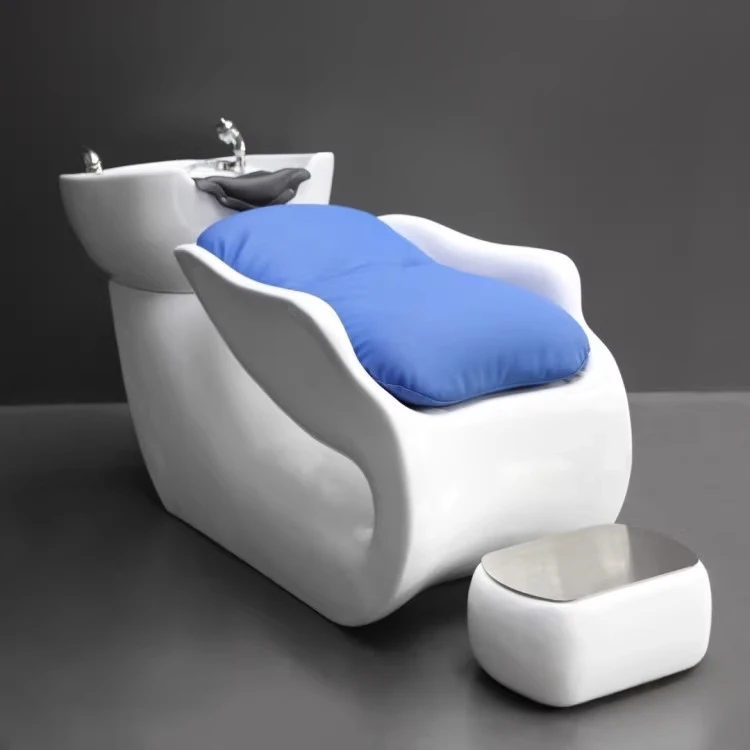 High-end barber shop shampoo bed, special ceramic basin for hair salon, half-lying flush bed for hair salon