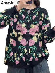 Amax luluE 2024 Fall Floral Cardigans Womens Fashion Loose Printed Sweater Ladies Classic Casual Luxury Big Size O Neck Knitwear