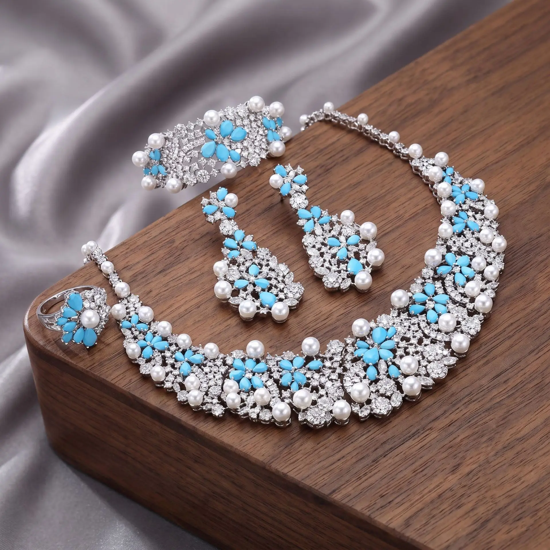 Charm Imitation Pearl Cubic Zirconia Jewelry Set Necklace Earrings Bracelet Ring Bridal Wedding Women Christmas Gift Accessory
