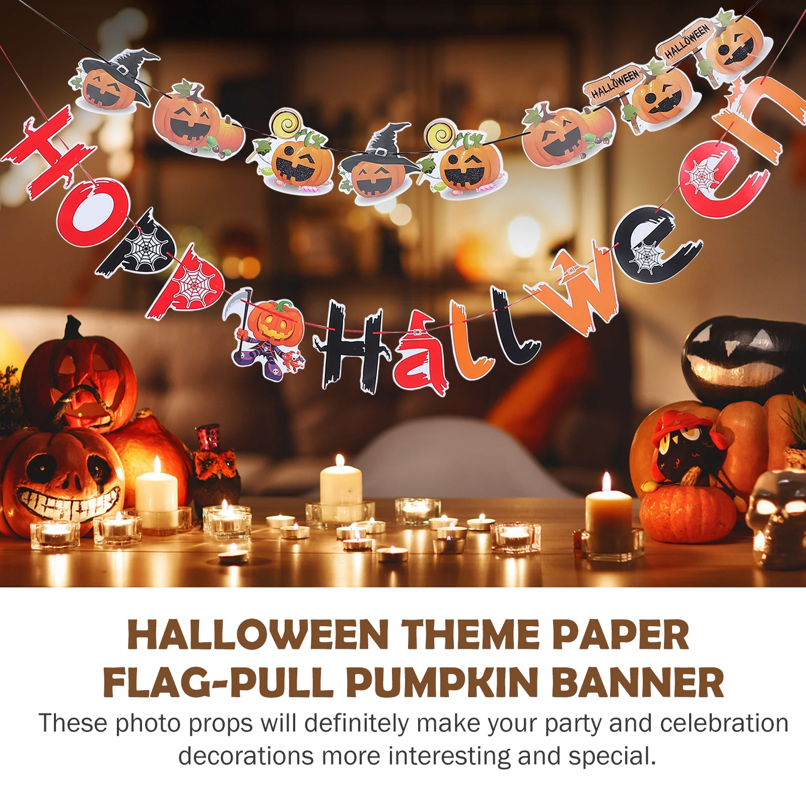 

2 pcs Halloween Pumpkin Hanging Banner Premium Paper Party Decor Household Bunting Streamer Festival Mantel Decoration Reusable