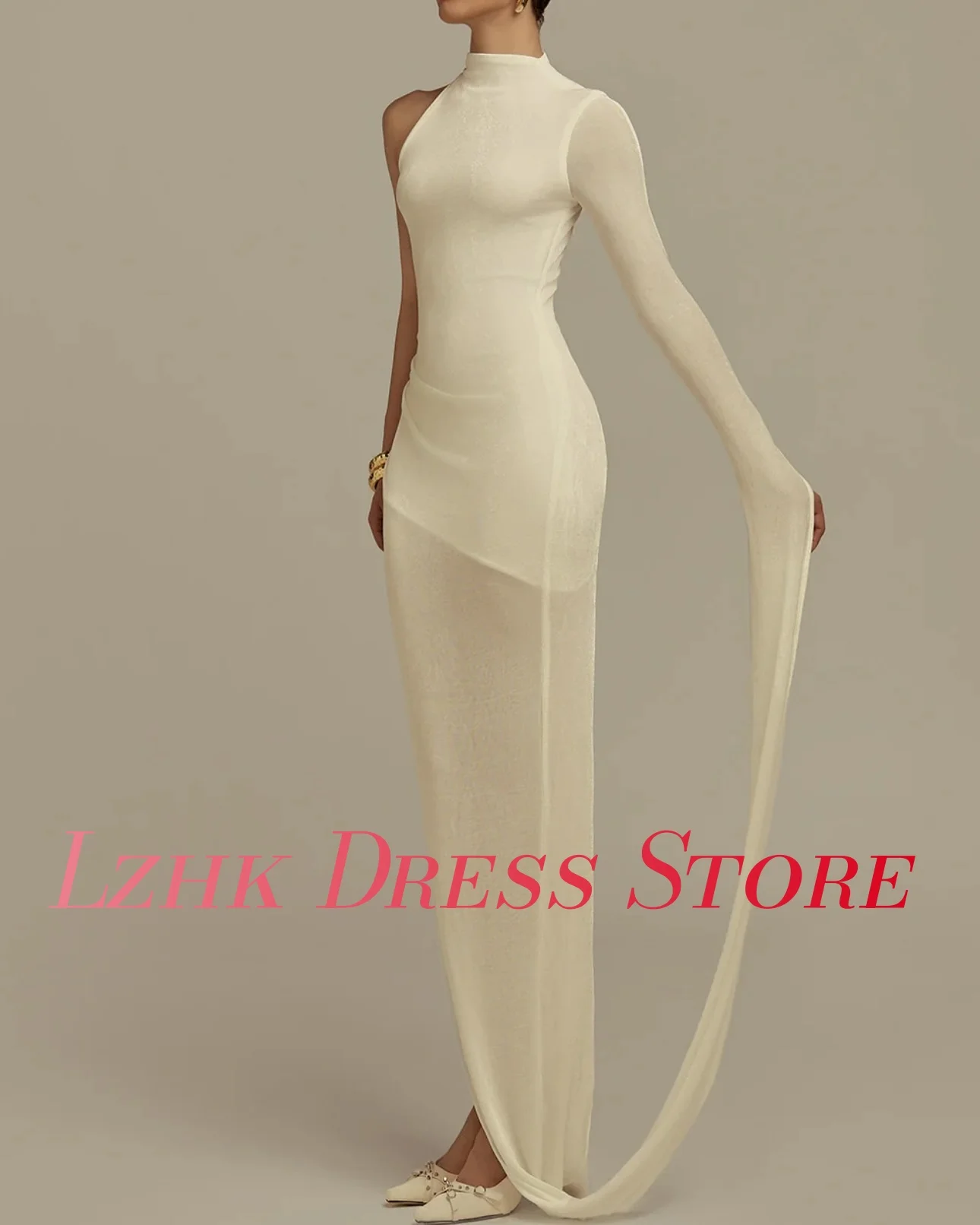 تخصيص الحديثة جيرسي مستقيم واحد الكتف مساء اللباس حساسة طويلة الأكمام عالية طوق الطابق طول فساتين المشاهير