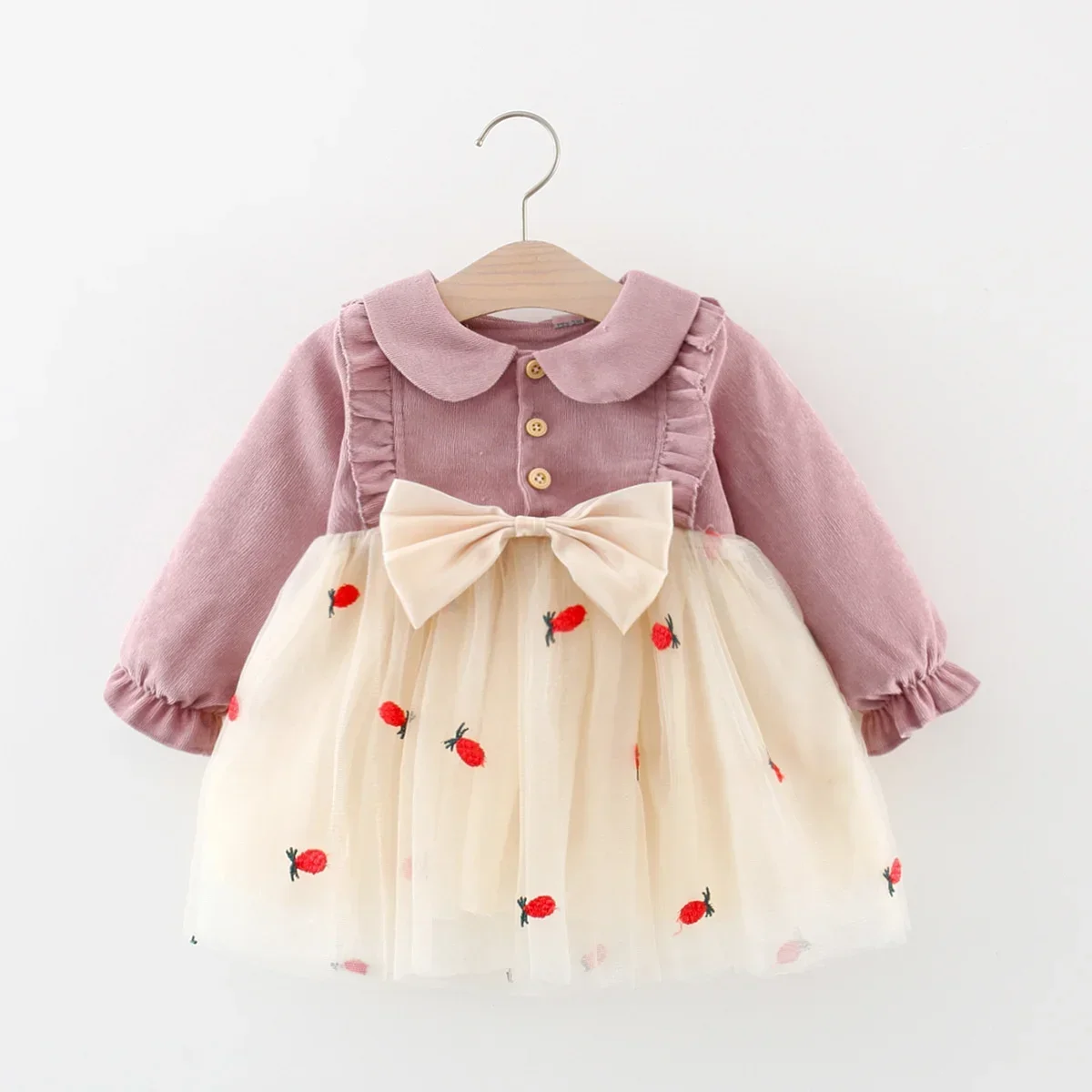 Girl's Baby Dress Spring and Autumn Girl's Cartoon Pineapple Embroidered Mesh Spliced Lapel Bow Long sleeved Dress