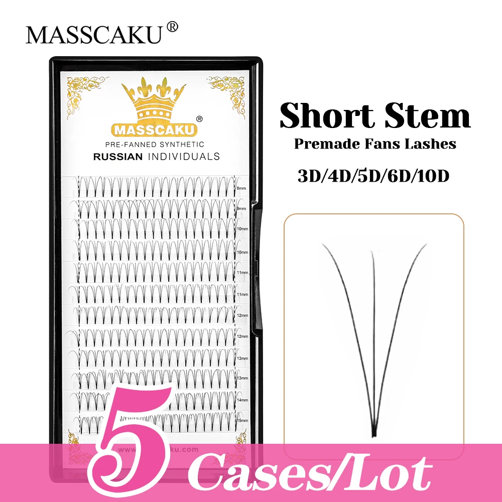 

High Quality 5cases/lot MASSCAKU Korean PBT Fiber Thin Root Volume Lashes 0.07/0.10mm 3D/4D/5D/6D Short Stem Premade Fans Lash