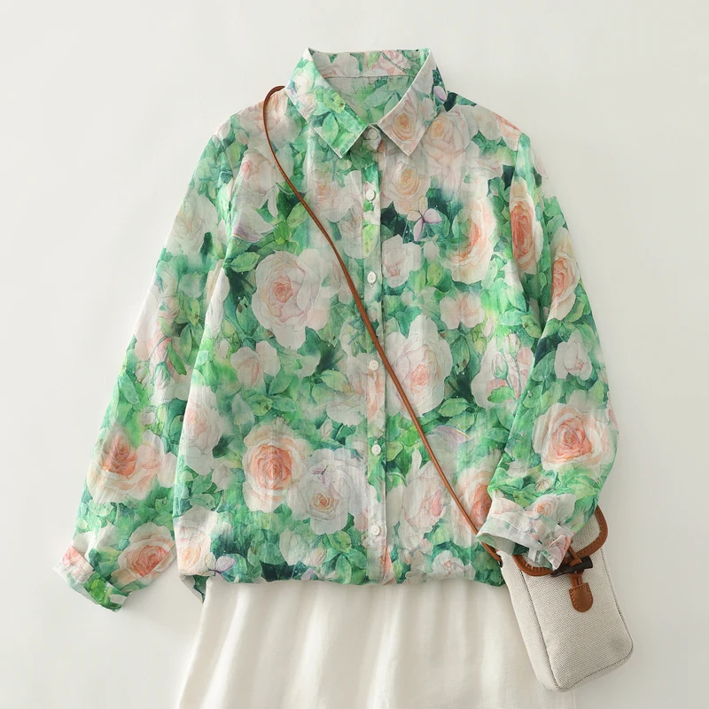 

Женский повседневный свободный крой с цветочным принтом и длинным светом из смеси хлопка и полиэстера, универсальный осенний новый топ на пуговицах