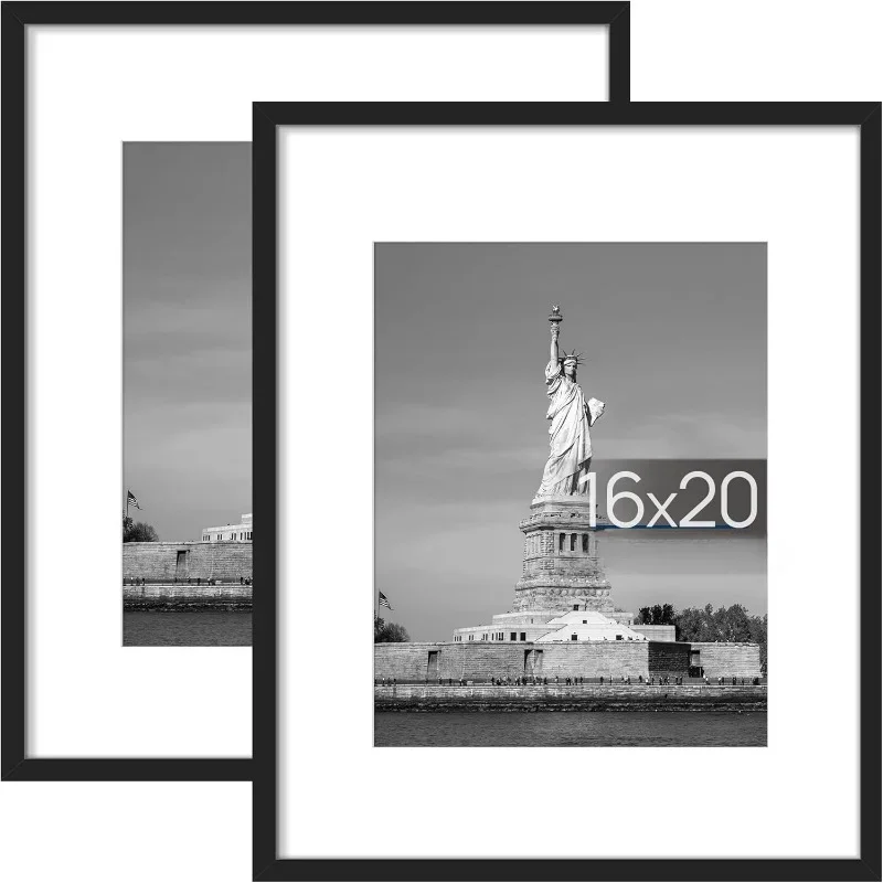 16x20 Picture Frame, Display Poster 11x14 with Mat or 16 x 20 Without Mat, Wall Gallery Photo Frames, Black, 2 Pack