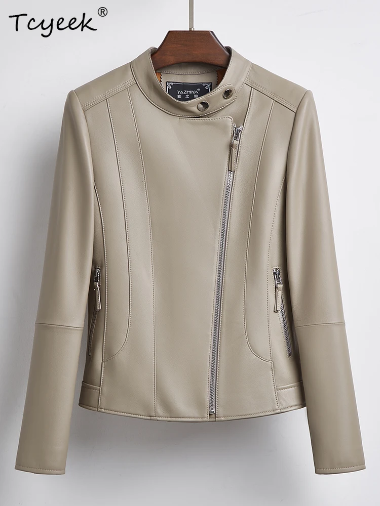 Tcyeek Sheepskin Women Leather Jacket Spring Autumn Stand Up Collar Long Sleeve Light Gray Short Motorcycle Coat Chaqueta Cuero