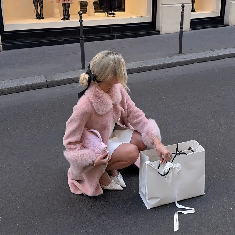 Elegante na moda casaco longo rosa bonito gola de pele do falso outerwear feminino moda data doce casual chique festa feminino streetwear