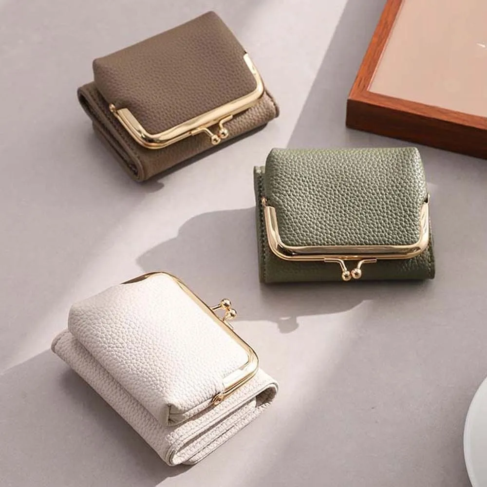 Card Pouch Portable Kiss Lock Wallet Solid Color Polyester 2 in 1 Card Bag Short Fashion Leather Coin Purse Daily