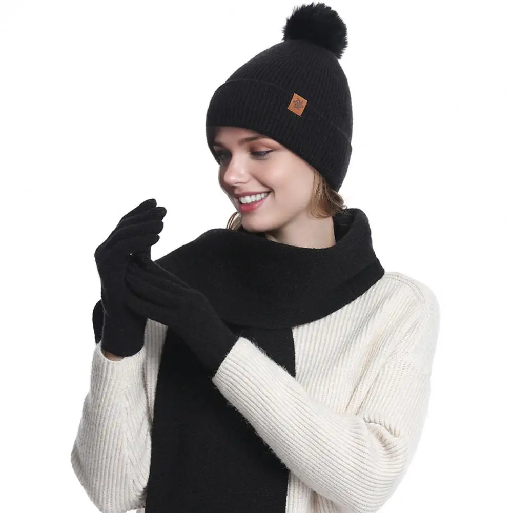 Windproof Warm Winter Hat Set 3pcs Women Winter Hat Scarf Gloves Set Double-layer Velvet Plush Ball Protection for Ski