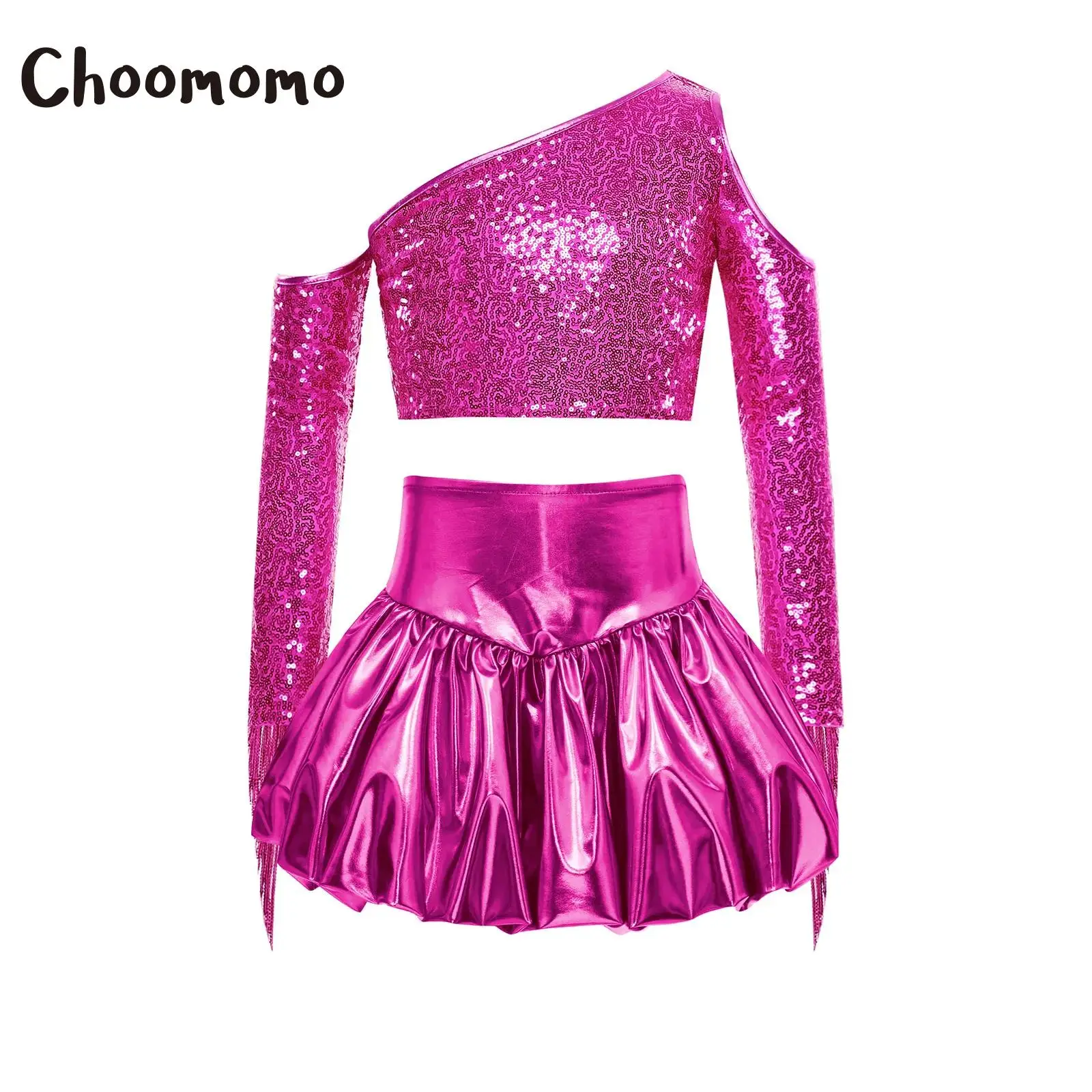 Traje de baile de Jazz metálico brillante para niñas, disfraz Hippie de discoteca de los años 70, Top corto de lentejuelas de un hombro de manga larga con faldas de burbujas