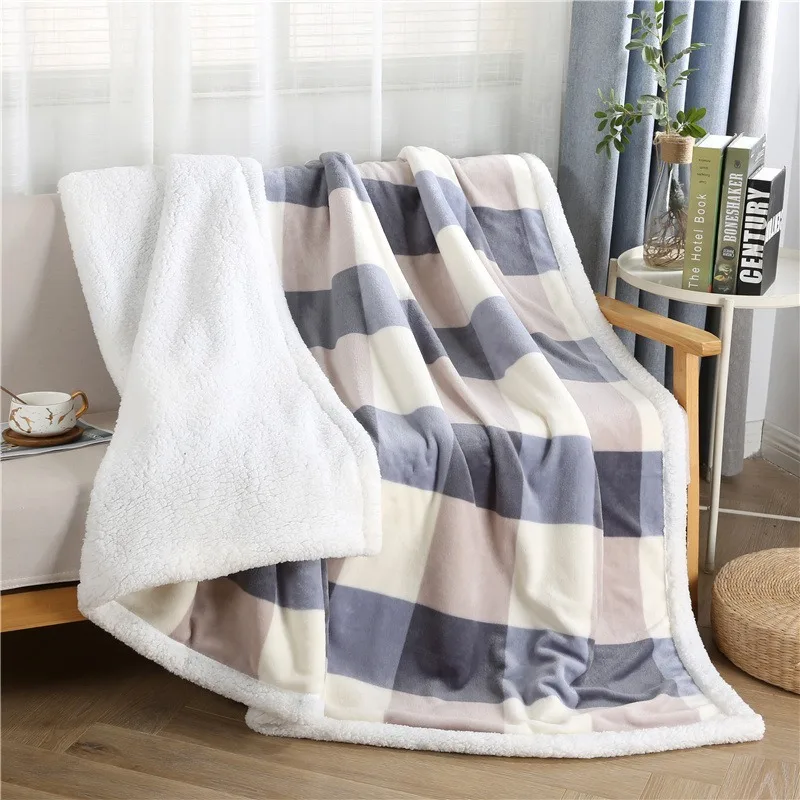 

New Japanese Style Checked Lamb Plush Blanket Thickened Double-layer Flannel Composite Sofa Throw Bedspread on The Bed Travel