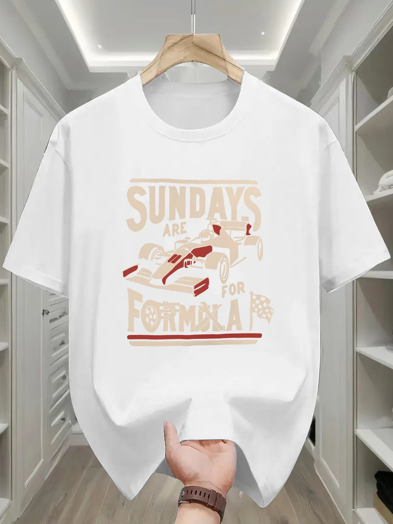 Men's Fashion Versatile Short Sleeve T-Shirt with Sunday Racing Print for Summer, Casual Stretch Crew Neck Top