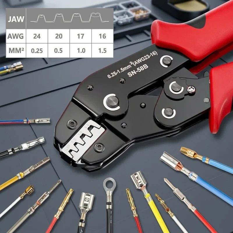 SN-58B Ratchet Crimping Pliers, Open Barrel Terminal Crimper for Dupont JST Molex TE EPC PCIE SATA Pins, Wire Repair Tool