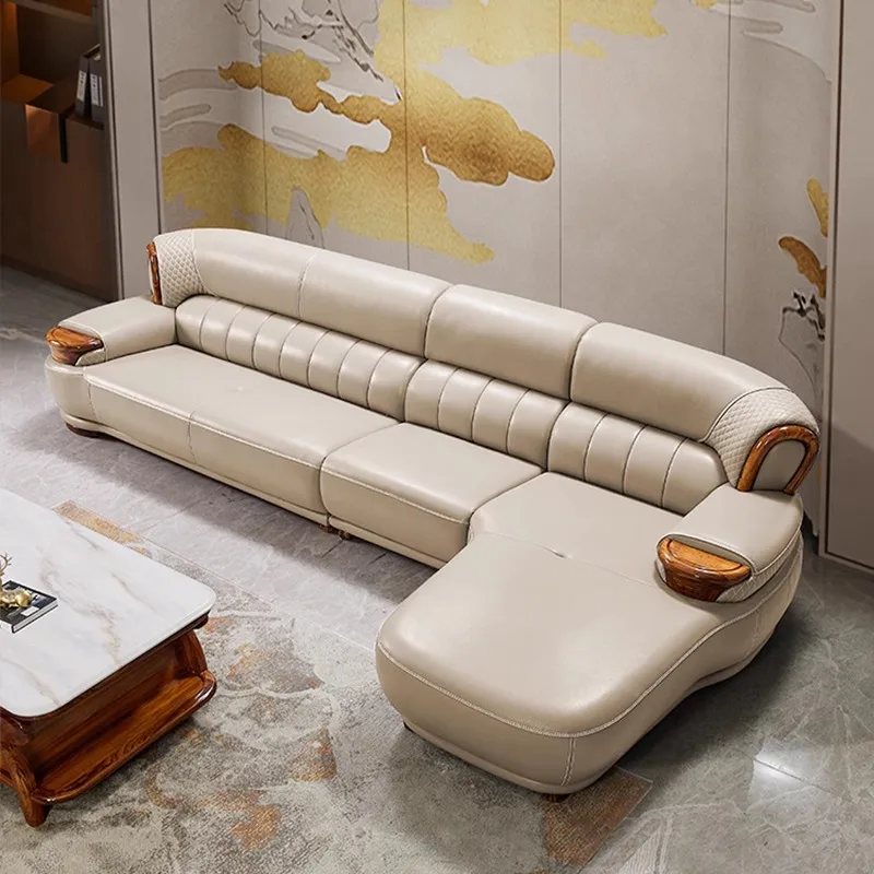 New Chinese black gold wood leather sofa high-end luxury villa living room simple concubine