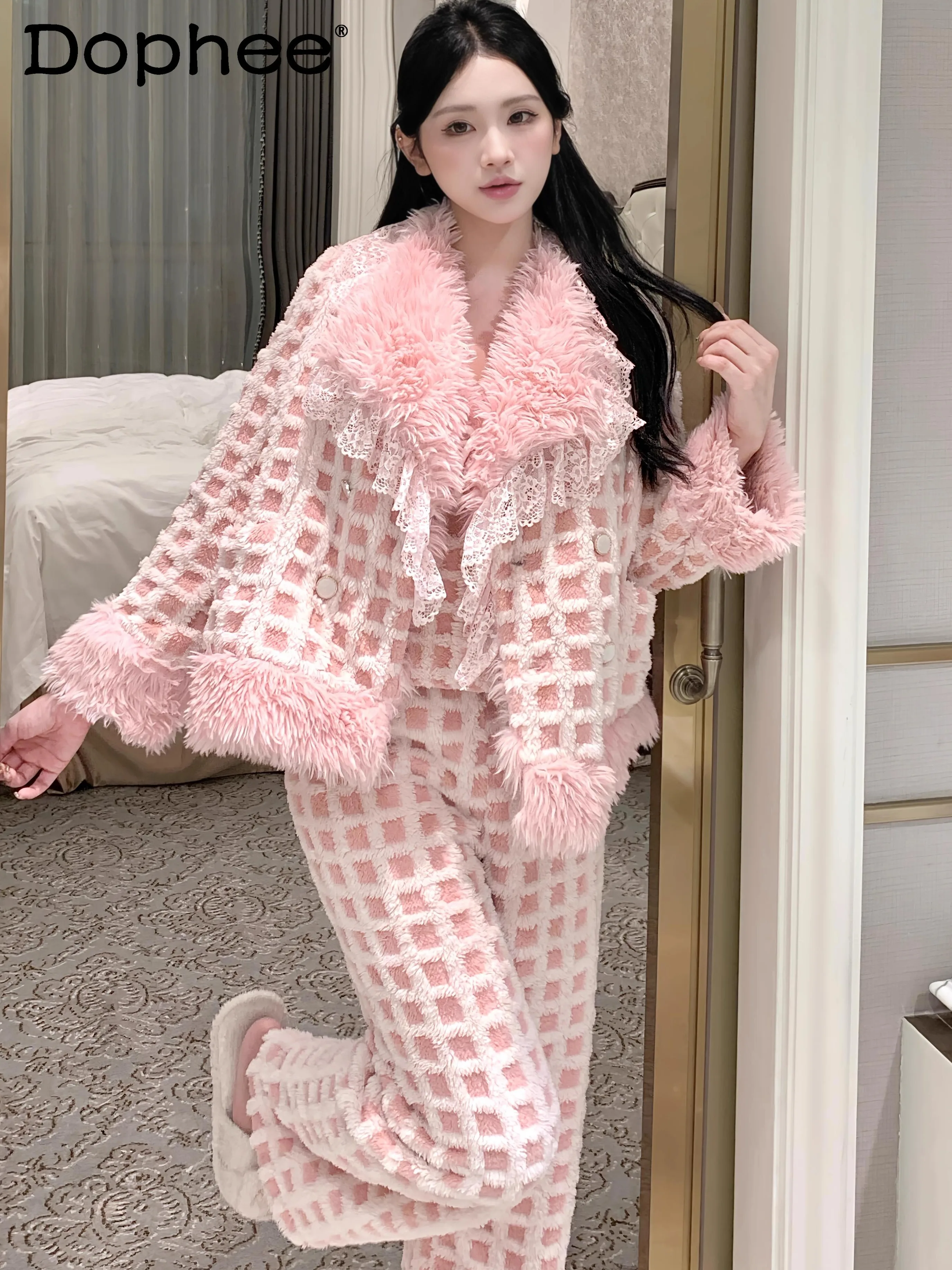 Зимняя корейская милая розовая верхняя одежда из кораллового флиса с меховым воротником, домашняя одежда, высококачественные свободные теплые пижамы для женщин