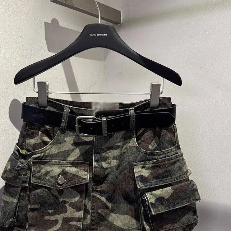 Retro Camouflage Cargo Denim Short Skirt Women 2026 Summer Spice Girl High Waist Pocket Skirt