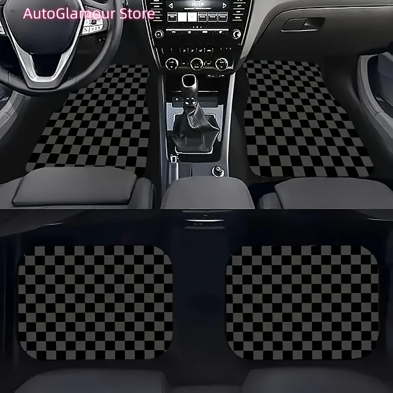 

Set of Four Universal Car Floor Mats Featuring a Plaid Design in Black, Gray, And Yellow. They Are Absorbent, Non-Slip, Washable