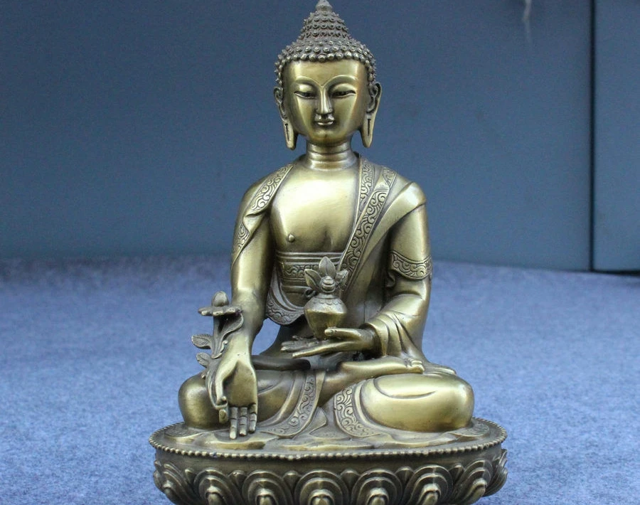 

8" Tibet Temple Pure Copper Bronze Sit Medical God Menla Medicine Buddha Statue