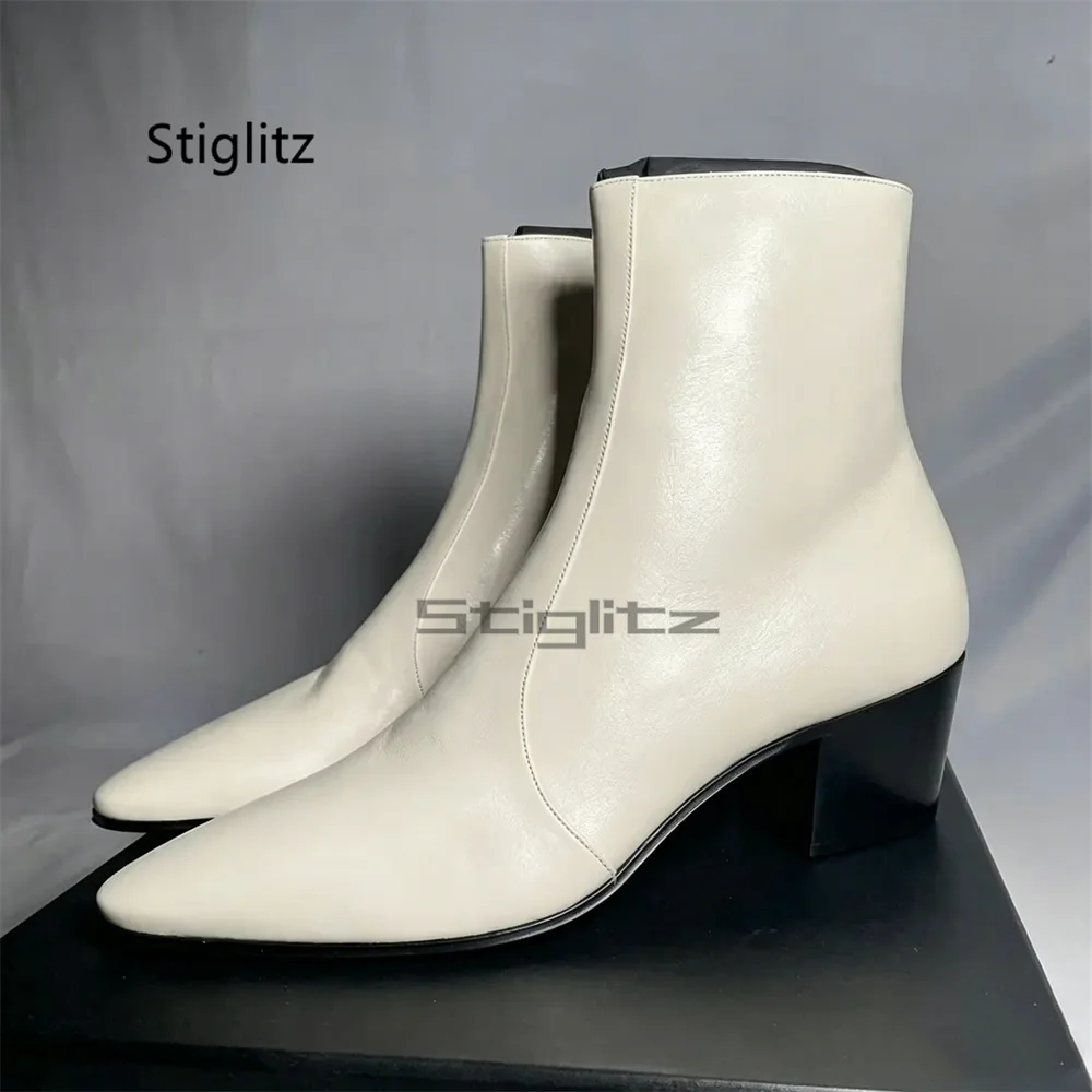 Men's 6Cm High Heels Chelsea Boots White Genuine Leather Short Boots Pointy Toe Side Zipper Autumn Winter New Trendy Male Shoes