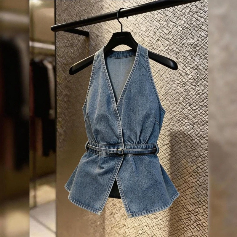 Korea Chic Denim Slim Lace Up Vests Age Reduction Sleeveless Simple Office Lady Coats New Beautiful Streetwear Veste Tops
