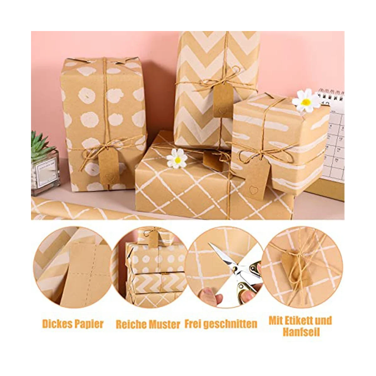 4 Roll Wrapping Paper, 43 x 300 cm/Roll Wrapping Paper Set with 2 Adhesive Tapes 3 Ropes 20 Kraft Paper Tags