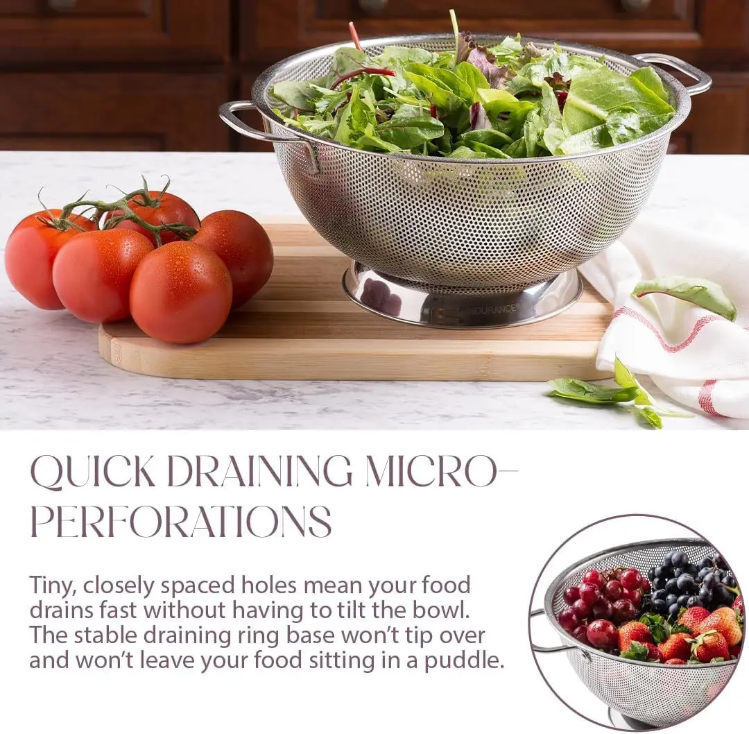 Stainless Steel Colander for Kitchen, 5 Quart Pasta & Rice Strainer, Fine Micro-Perforations, Stable No-Tip Base, Riveted Ergonomic Handles, Dishwasher Safe for Fruits, Vegetables & Grains