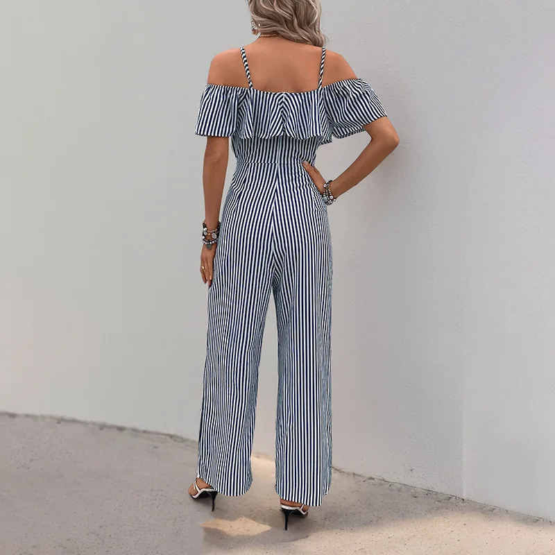 Tuta con bretelle sexy a righe con volant alla moda Pagliaccetti da donna Tute casual eleganti da donna slim a gamba larga